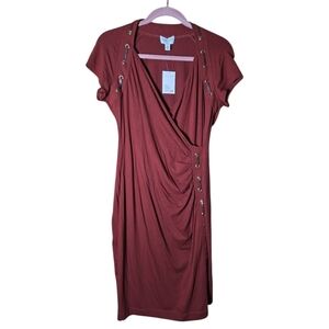 Carmen Marc Valvo Burnt Sienna Color Dress W/Brown Faux Leather Trim Size Large